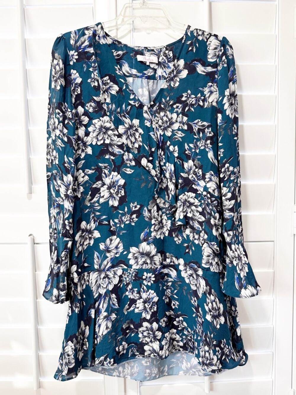 Parker Silk Blend Floral Dress Size M Teal Blue Ruffle Mini Tunic Cottagecore